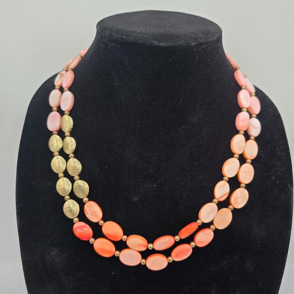 Vtg Charming Charlie 2 Layer‎ Necklace Coral Beaded Bib Style Gold Tone Link 24"